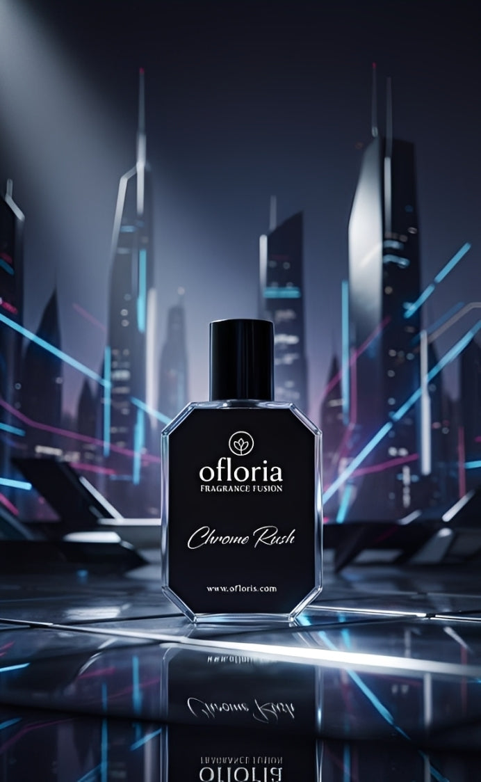 Ofloria Chrome Rush EDP bottle and black packaging - fresh marine cologne