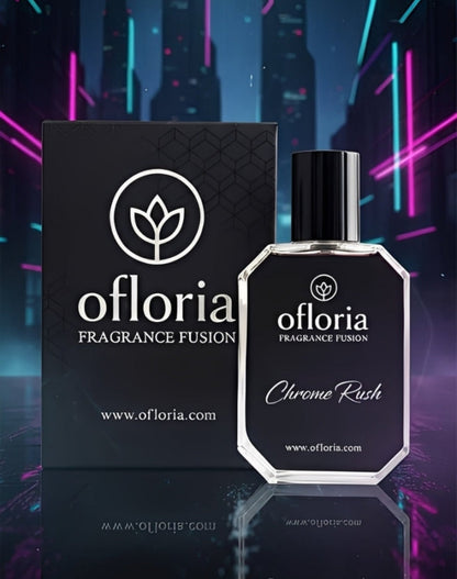 Ofloria Chrome Rush EDP bottle and black packaging - fresh marine cologne