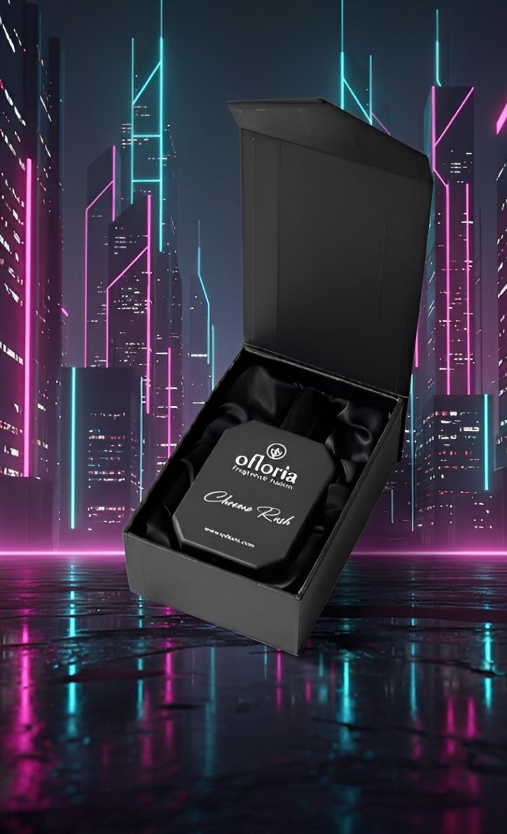 Ofloria Chrome Rush EDP bottle and black packaging - fresh marine cologne