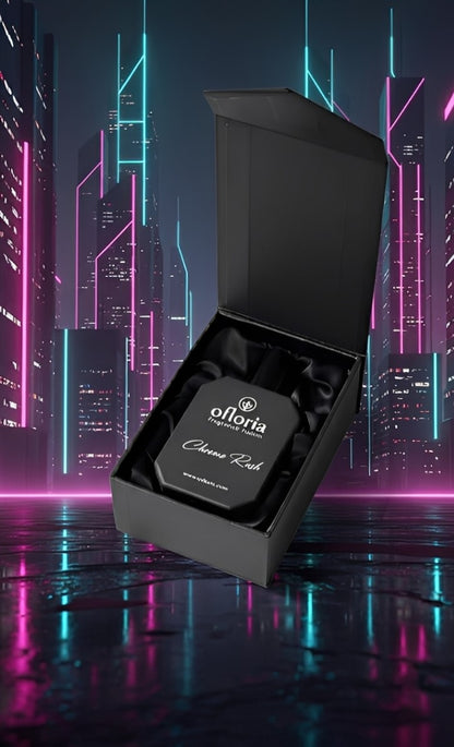Ofloria Chrome Rush EDP bottle and black packaging - fresh marine cologne